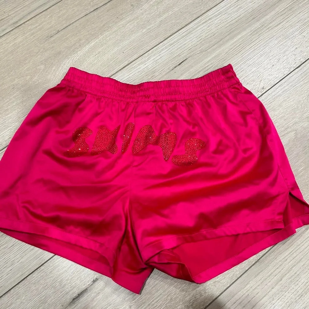 SKIMS Woven Shine Rhinestone Logo BOXERS & BRA in Raspberry - Picture 13 of 13